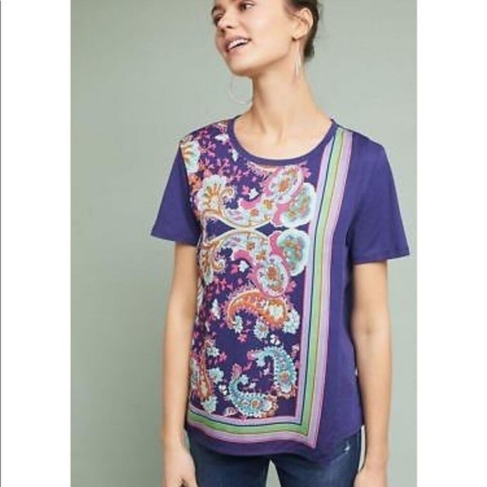 Anthropologie Maeve Maddie Printed tee with silky overlay purple pink size XL